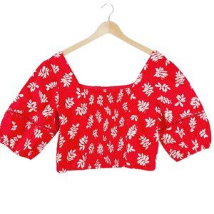 Ann Taylor, Top, Red with White Leaf Print, Square Neck, Puffed Sleeves, Size 8